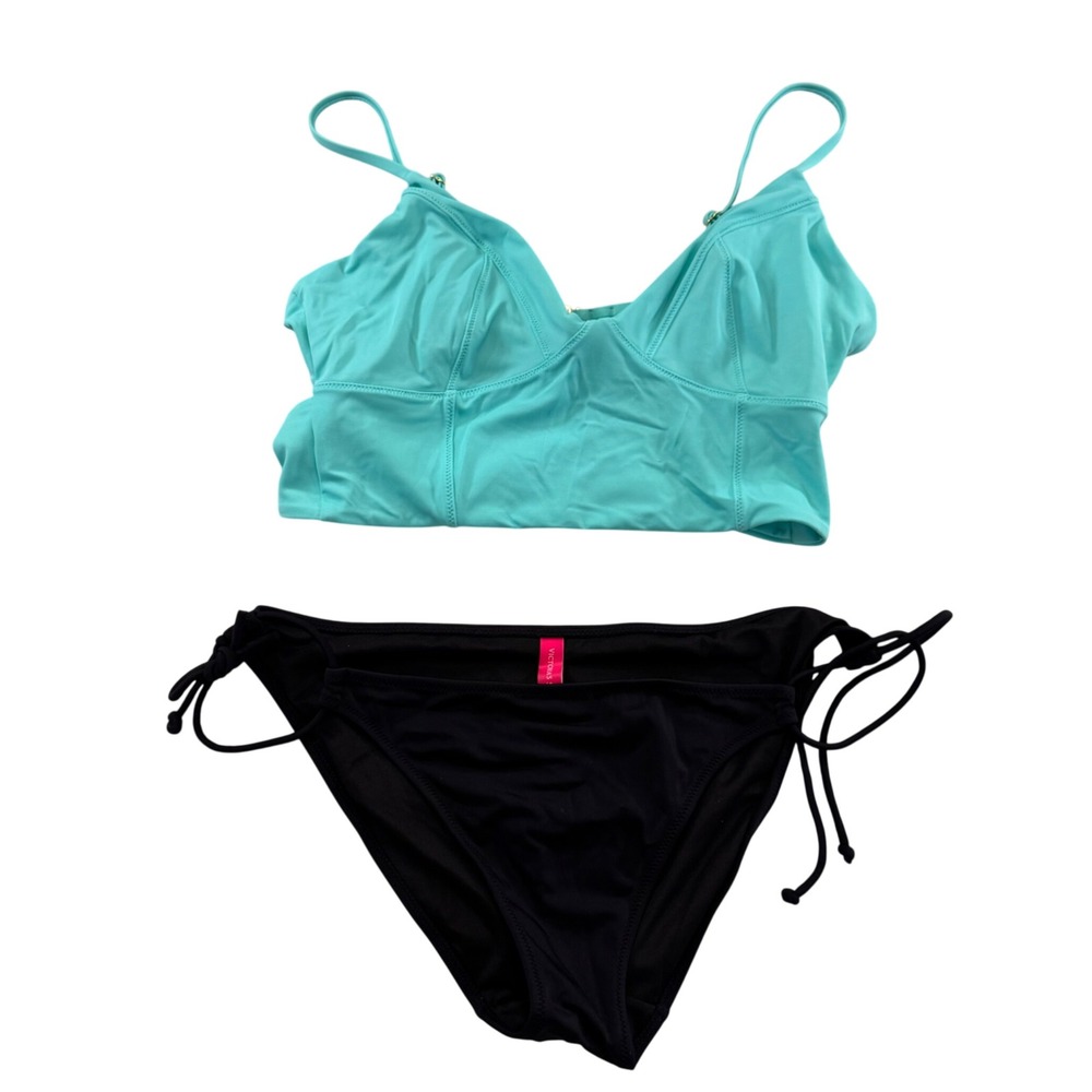 Victoria's Secret Aqua Teal Longline Bikini Top Black Side Tie Bottom Set Sz M